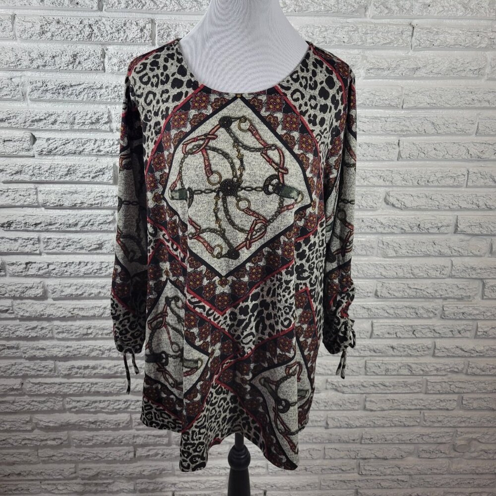 Est 1946 Women Top 18W 20W Plus Tunic Ruched Sleeve Gray Animal Print ANI2XE